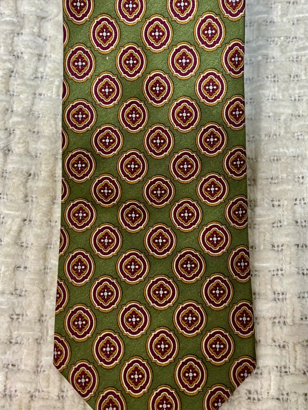 Jos. A. Bank Men's Green Burgundy Gold White Geometric Silk Tie Woven